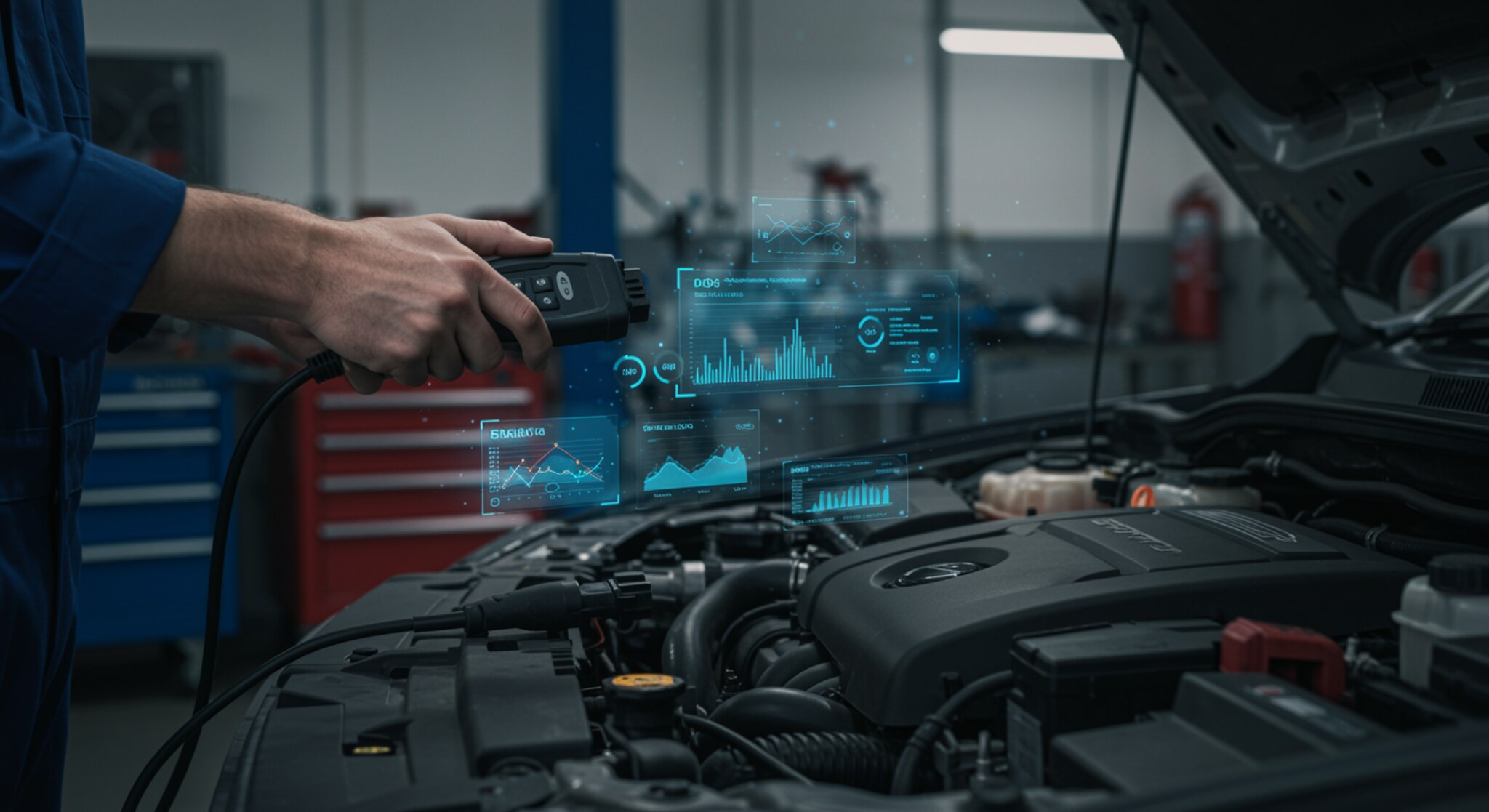 " Mecánico blanco utilizando un escáner OBD2 en un taller moderno, con datos de rendimiento del motor en neón azul."
