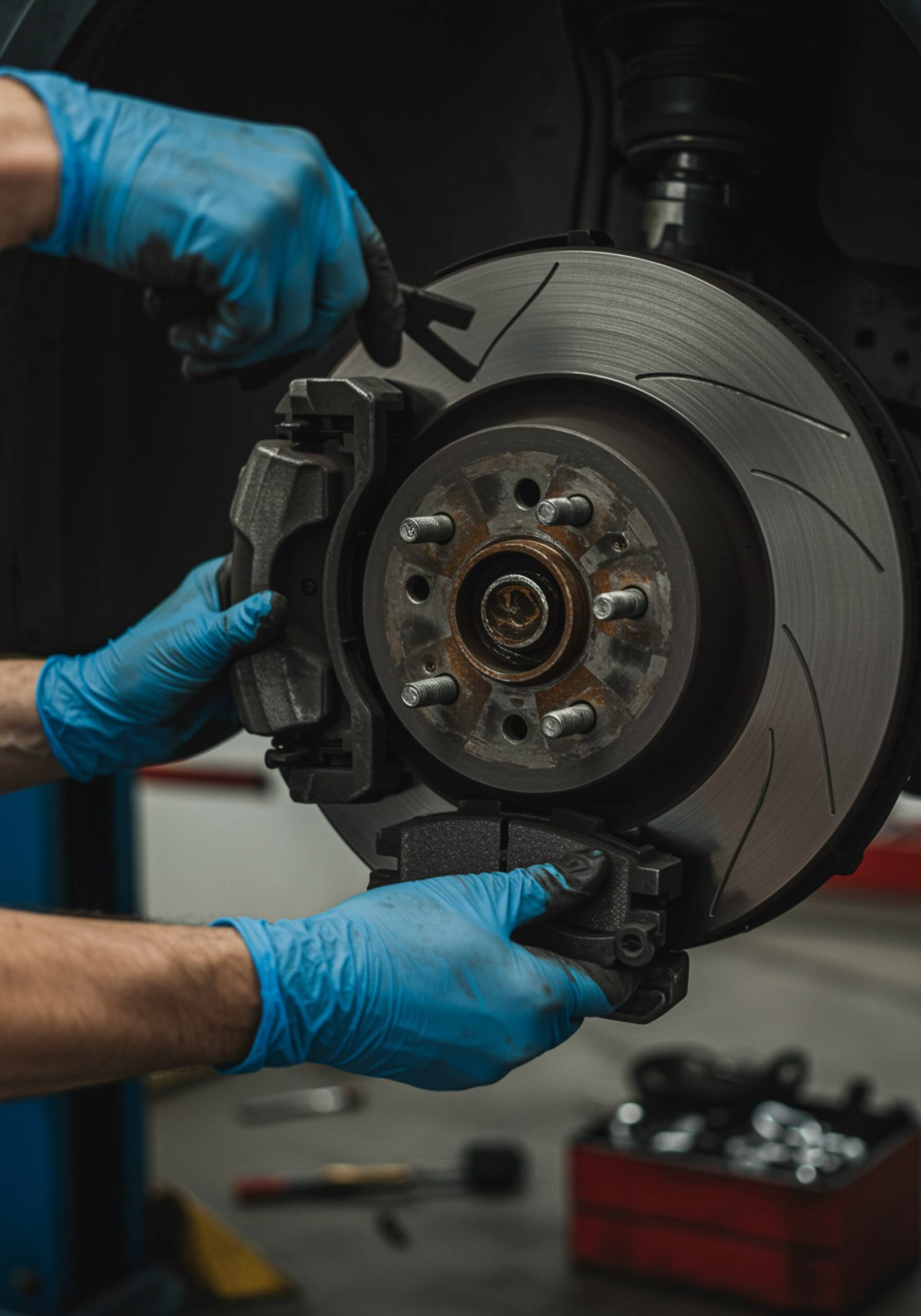 "Primer plano de un mecánico con guantes azules instalando pastillas de freno nuevas en un disco de freno, destacando el rotor y el caliper en un taller de servicio limpio."