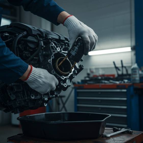 "Manos de mecánico con guantes blancos retirando un filtro de aceite en un taller de reparación de autos profesional, con un drenaje de aceite y herramientas ordenadas, resaltando la limpieza y precisión."