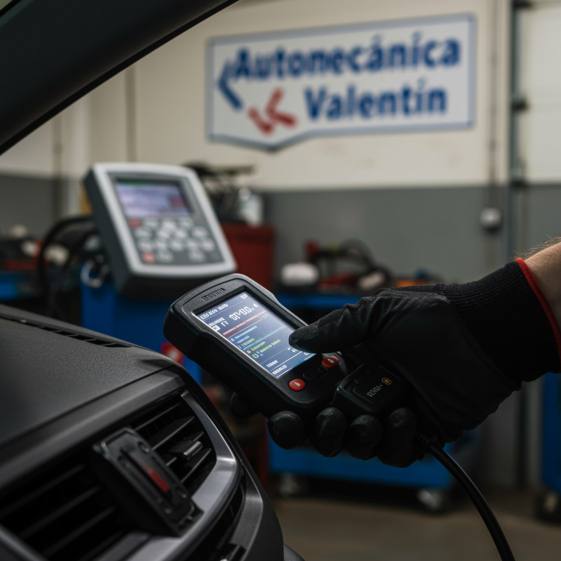 "Primer plano de un mecánico blanco usando guantes mientras conecta un escáner OBD-II en el puerto del tablero de un automóvil en el taller Automecánica Valentín, con códigos de diagnóstico en la pantalla."