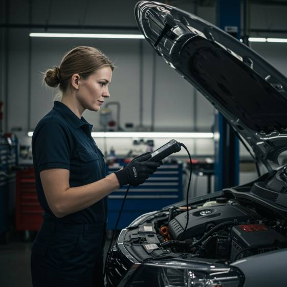 "Mecánica blanca utilizando un escáner de diagnóstico en un vehículo en un garage impecable, resaltando mantenimiento preventivo y tecnología avanzada."