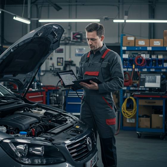 "Técnico automotriz blanco utilizando un escáner de diagnóstico digital en un taller de reparación de alta tecnología, con tablet que muestra datos del motor y estanterías organizadas de repuestos."
