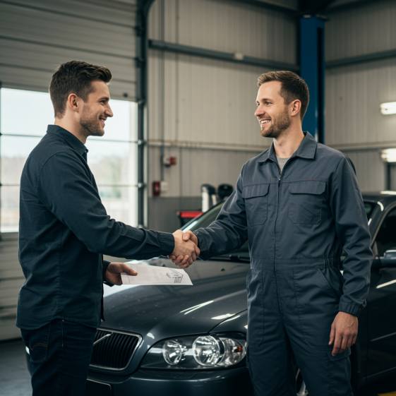 " mecánico blanco estrechando la mano de un cliente satisfecho junto a un coche recién servido en un garaje limpio, simbolizando confianza y garantía."