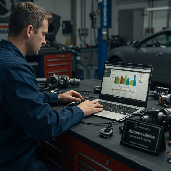 "Técnico automotriz blanco en banco de trabajo utilizando laptop para diagnóstico electrónico de vehículo en Automecánica Valentín."