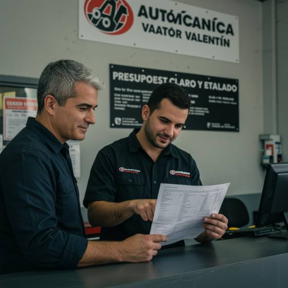 "Recepción de taller mecánico con cliente y mecánico revisando un presupuesto detallado, destacando el lema 'Presupuesto Claro y Detallado' y el logo de Automécanica Valentín."