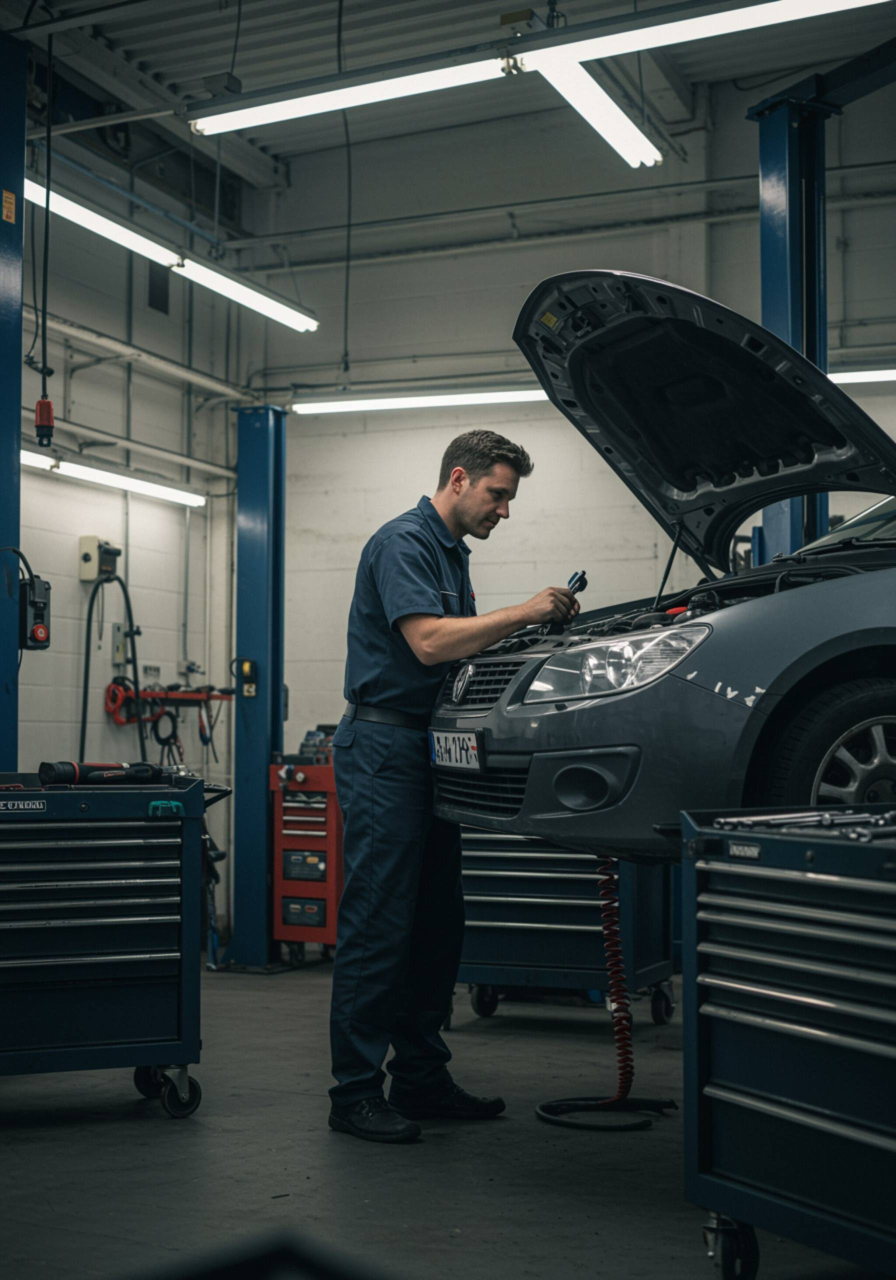 "Interior moderno de taller mecánico con mecánico blanco en uniforme inspeccionando motor de automóvil, resaltando calidad y profesionalismo en un ambiente bien iluminado."